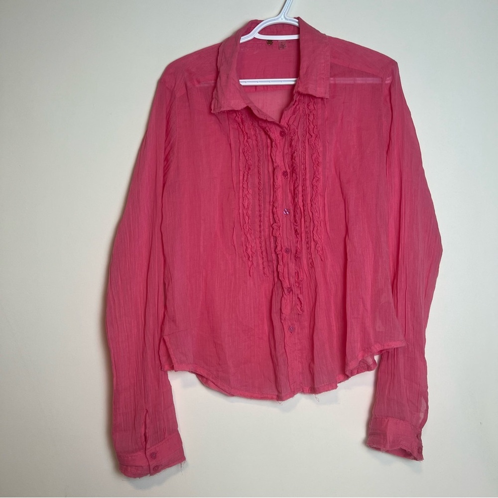 Free People FP One Drew Tuxedo Shirt Pink Ruffle Gauze Button Down Blouse
